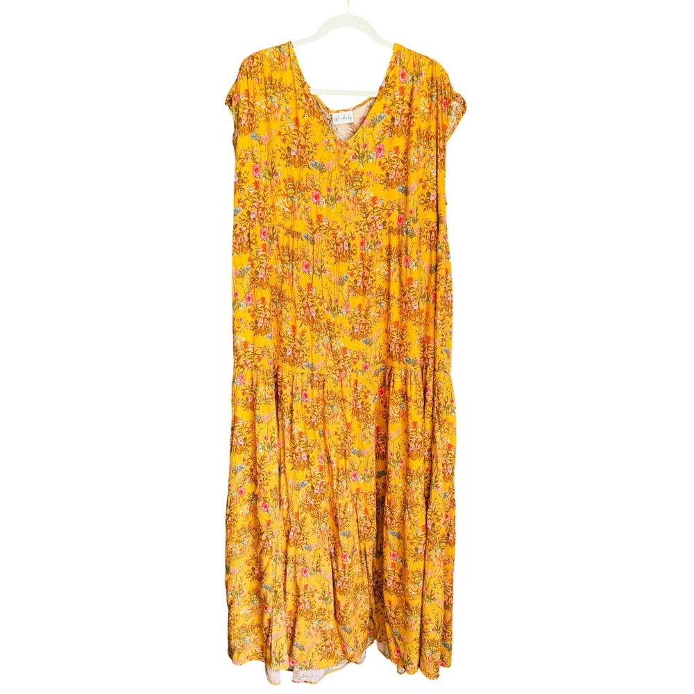 Wonderly 2X Mustard Floral Maxi Dress Cottagecore Boho Tiered Cap Sleeve Rayon - Picture 8 of 13